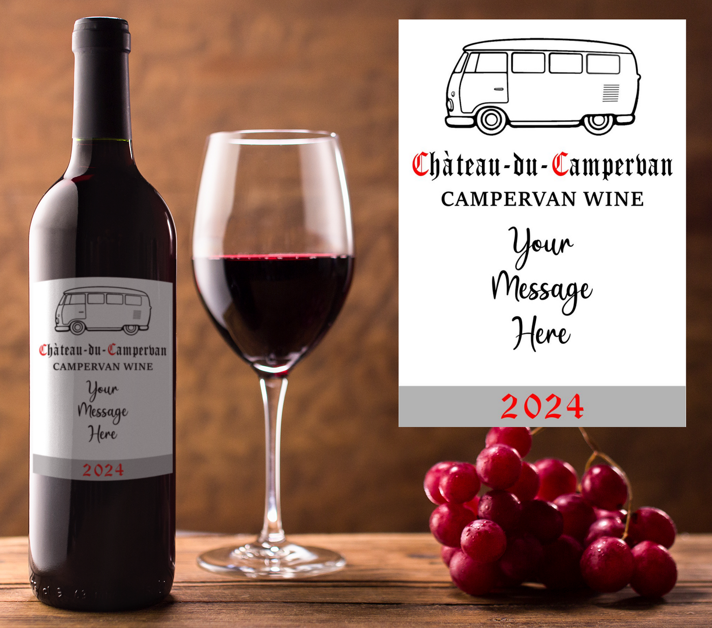 Campervan Wine Bottle Label x2 - Chateau du Campervan - Personalise Year and Message - To fit Most Alcohol Bottles Custom Gift