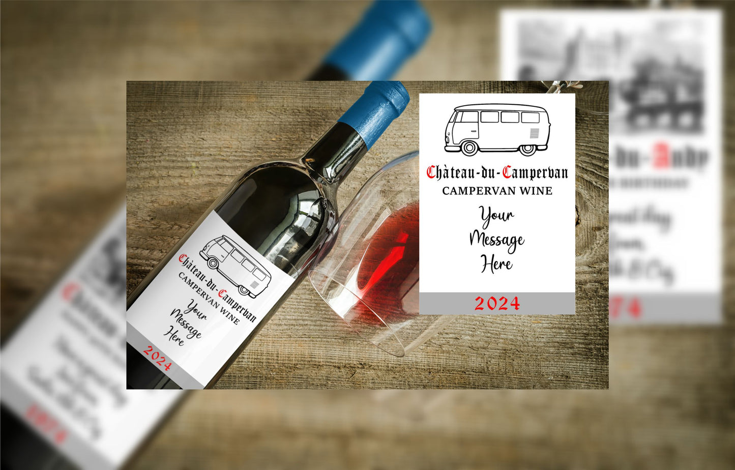 Campervan Wine Bottle Label x2 - Chateau du Campervan - Personalise Year and Message - To fit Most Alcohol Bottles Custom Gift