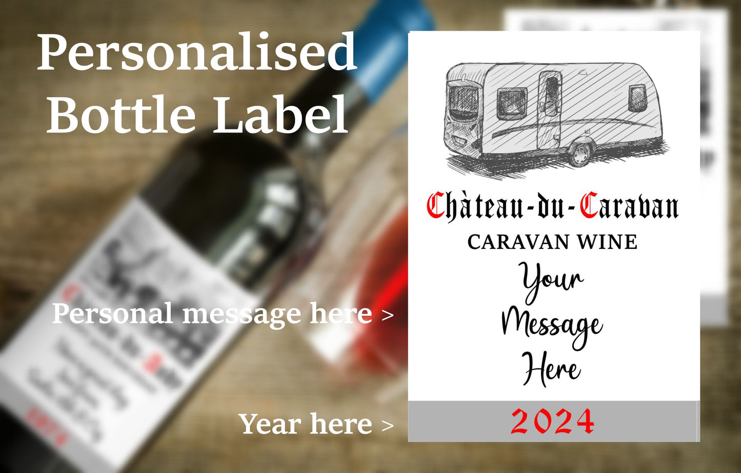 Caravan Wine Bottle Label x2 - Chateau du Caravan - Personalise Year and Message - To fit Most Alcohol Bottles Custom Gift