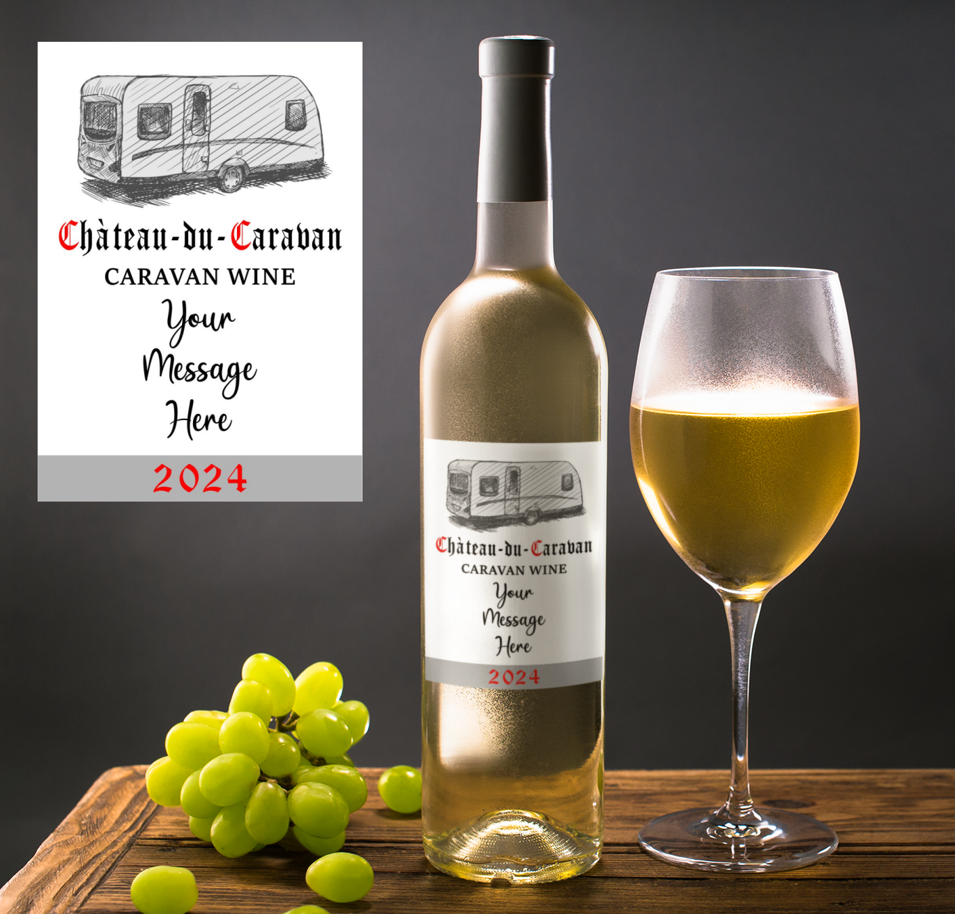 Caravan Wine Bottle Label x2 - Chateau du Caravan - Personalise Year and Message - To fit Most Alcohol Bottles Custom Gift