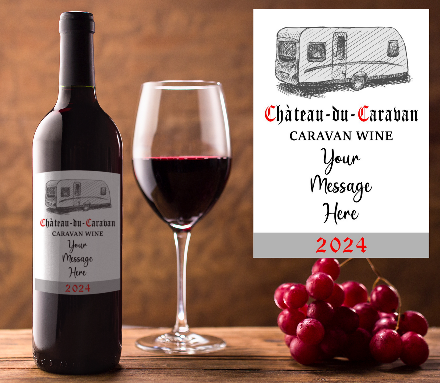 Caravan Wine Bottle Label x2 - Chateau du Caravan - Personalise Year and Message - To fit Most Alcohol Bottles Custom Gift