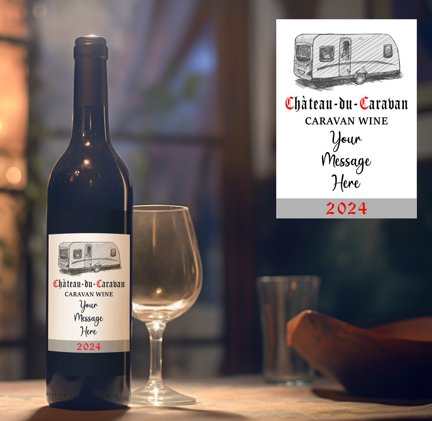 Caravan Wine Bottle Label x2 - Chateau du Caravan - Personalise Year and Message - To fit Most Alcohol Bottles Custom Gift