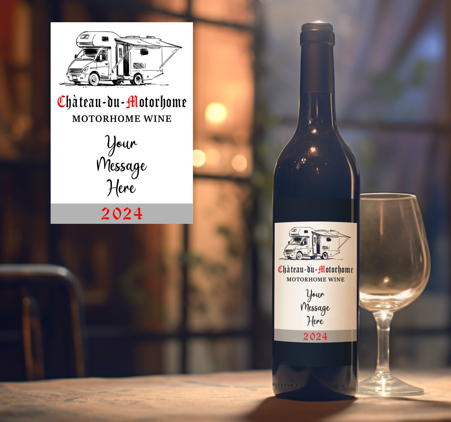 Motorhome Wine Bottle Label x2 - Chateau du Motorhome - Personalise Year & Message - To fit Most Alcohol Bottles Custom Gift