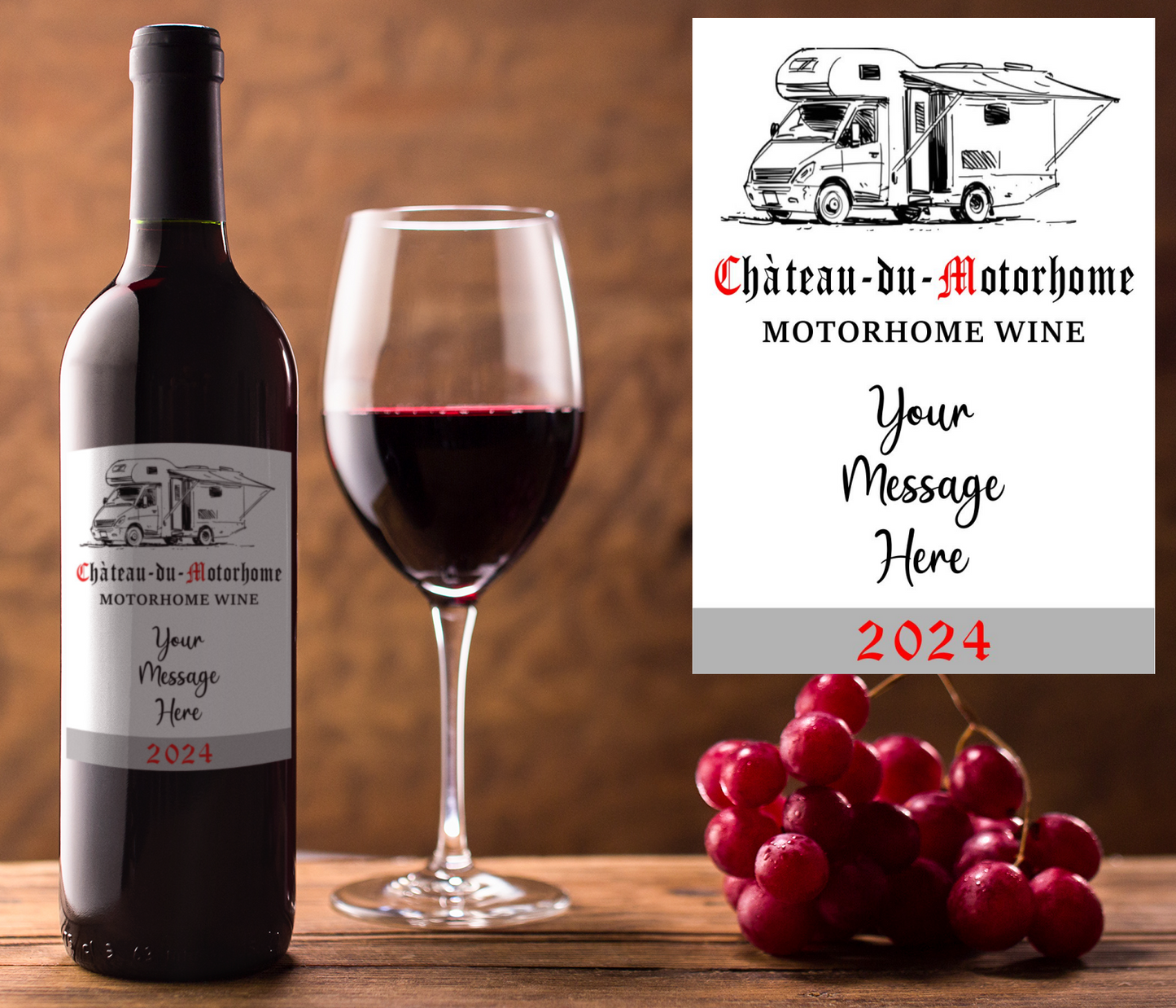 Motorhome Wine Bottle Label x2 - Chateau du Motorhome - Personalise Year & Message - To fit Most Alcohol Bottles Custom Gift