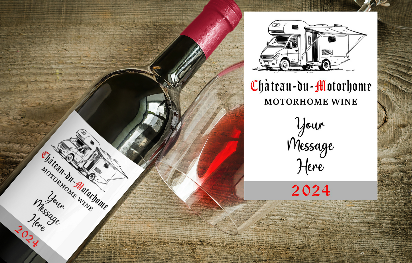 Motorhome Wine Bottle Label x2 - Chateau du Motorhome - Personalise Year & Message - To fit Most Alcohol Bottles Custom Gift