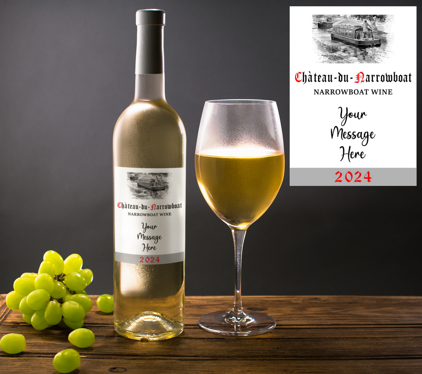 Narrowboat Wine Bottle Label x2 - Chateau du Narrowboat - Personalise Year & Message - To fit Most Alcohol Bottles Custom Gift