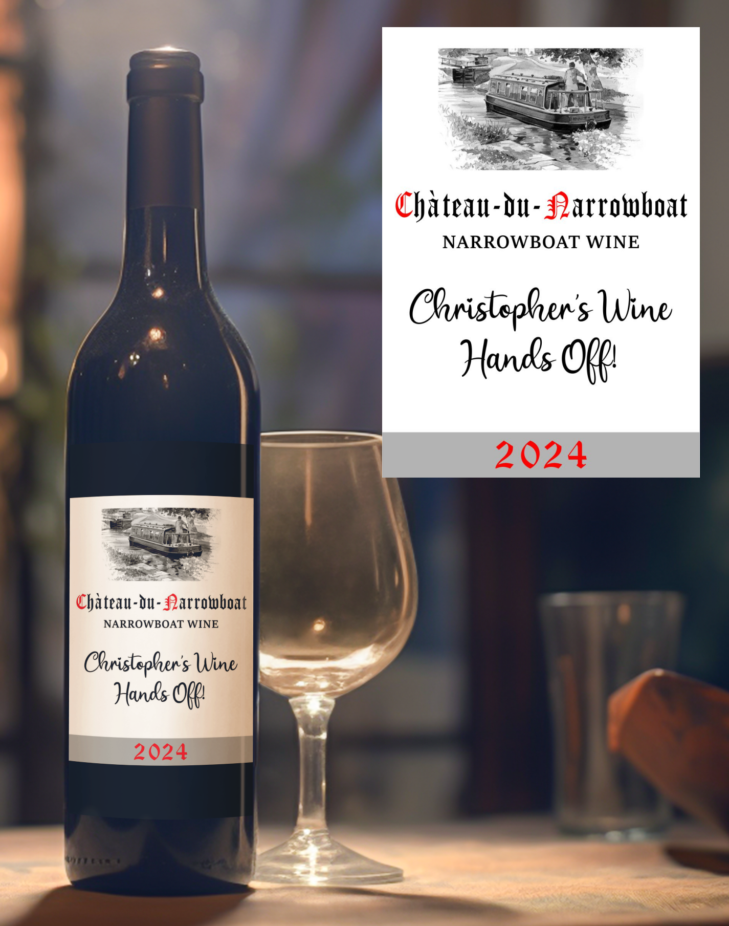 Narrowboat Wine Bottle Label x2 - Chateau du Narrowboat - Personalise Year & Message - To fit Most Alcohol Bottles Custom Gift