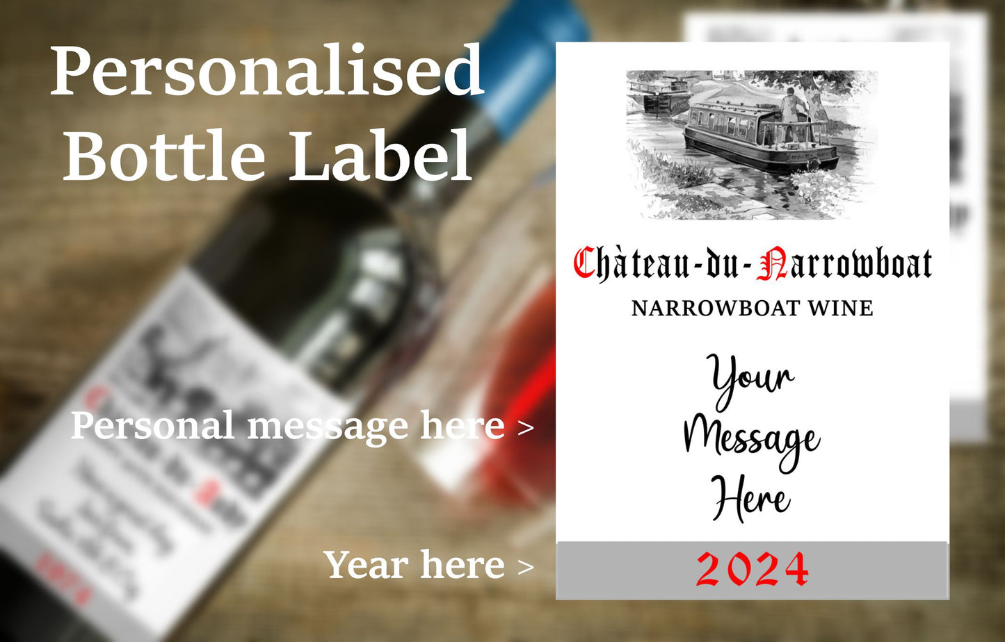 Narrowboat Wine Bottle Label x2 - Chateau du Narrowboat - Personalise Year & Message - To fit Most Alcohol Bottles Custom Gift