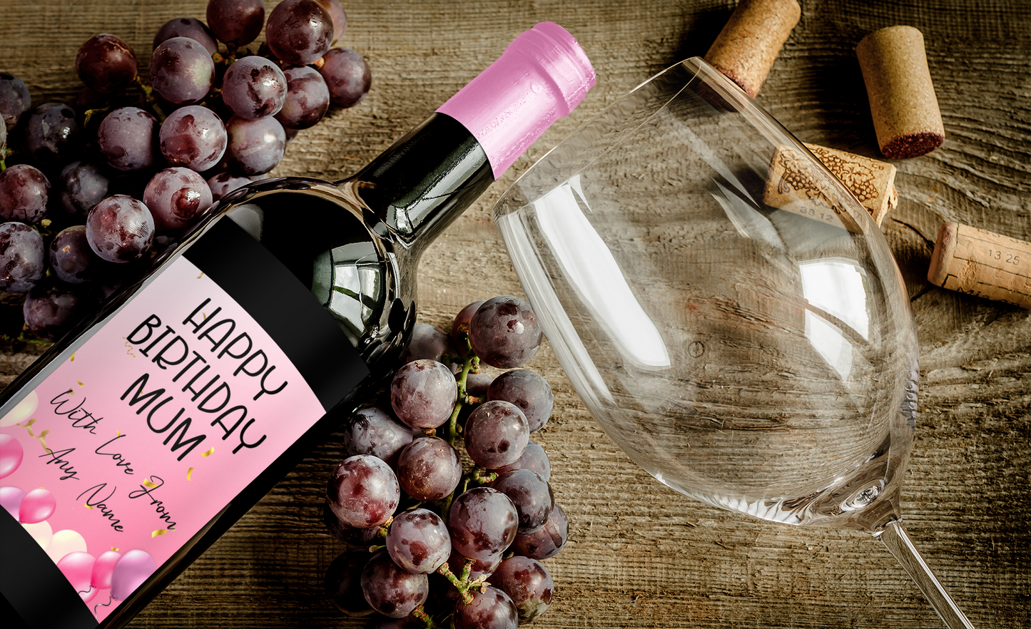 Birthday Wine Bottle Label x2 - Pink Balloon Design - To fit Prosecco Champagne Beer Alcohol Bottles Custom Gift - Add Your Name & Message