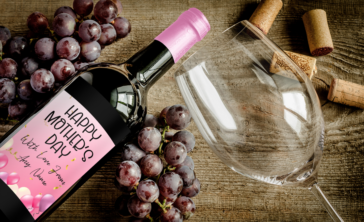 Mother's Day Wine Bottle Label x2 - Pink Balloon Design - To fit Prosecco Champagne Beer Alcohol Bottles Custom Gift Present - Add Your Name