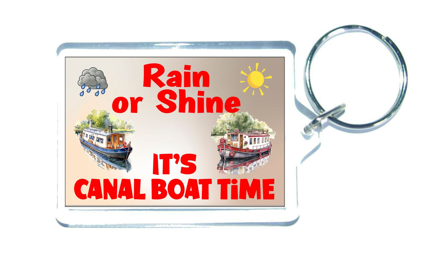 Fun Canal Boat Keyring - Rain or Shine It's Canal Boat Time - Narrow Boat Cute Novelty Holiday Present