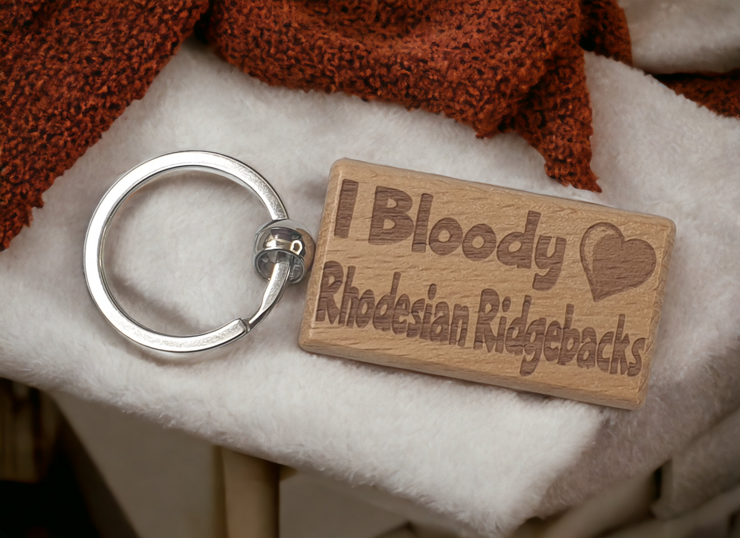 Rhodesian Ridgeback Keyring Gift - I Bloody Love Heart - Nice Cute Engraved Wooden Key Fob Fun Present
