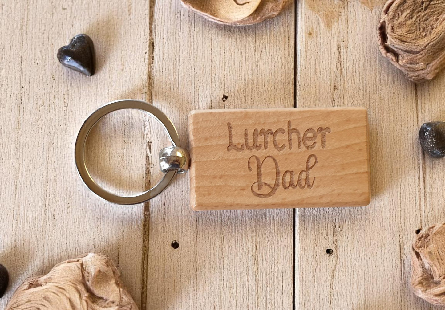 Lurcher Dad Keyring Gift - Nice Cute Engraved Wooden Key Fob Novelty Dog Owner Present