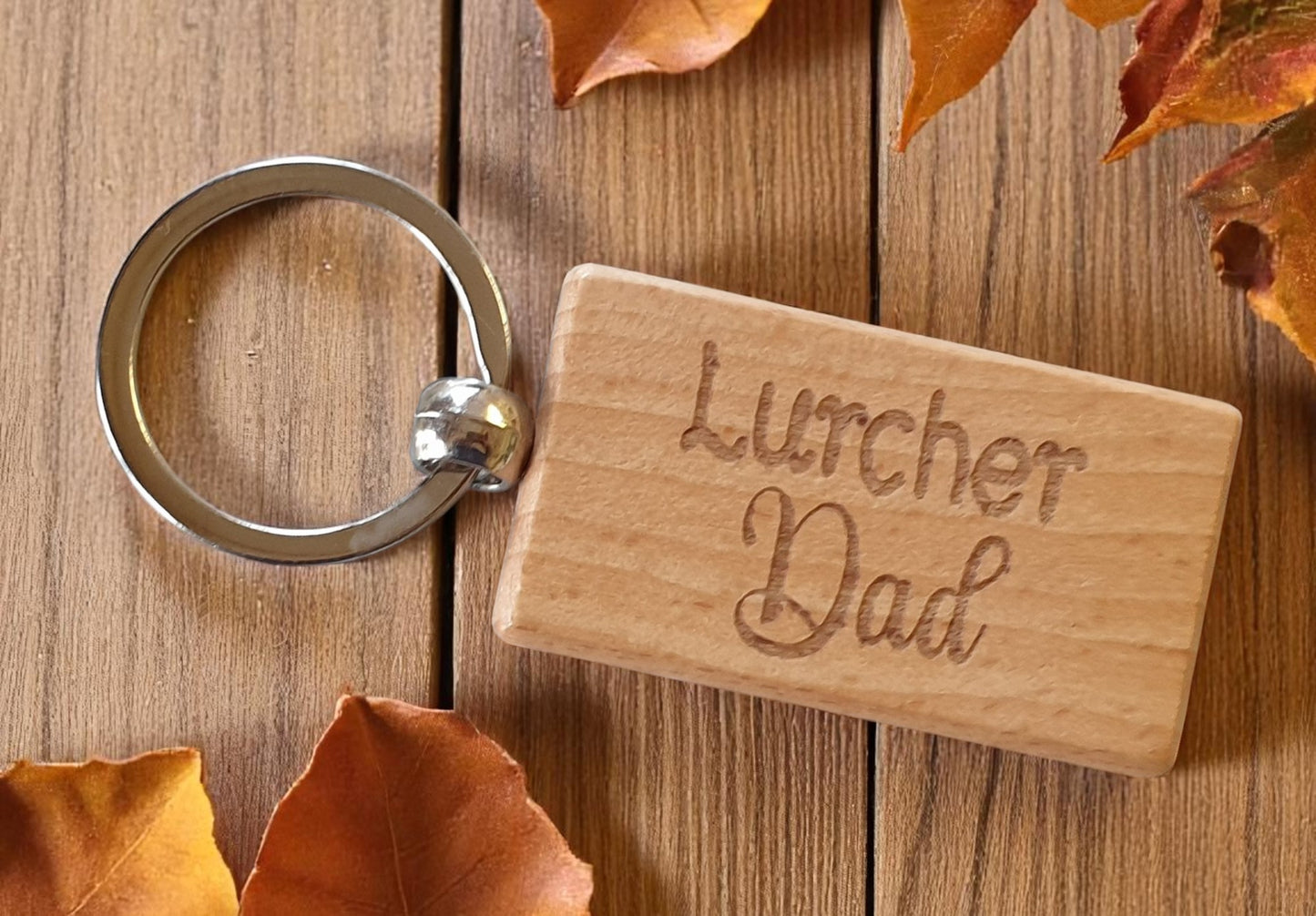 Lurcher Dad Keyring Gift - Nice Cute Engraved Wooden Key Fob Novelty Dog Owner Present