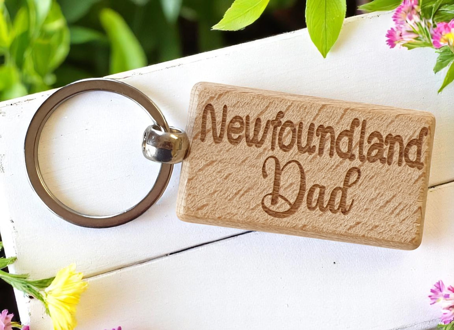 Newfoundland Dad Keyring Gift - Nice Cute Engraved Wooden Key Fob Novelty Dog Owner Present