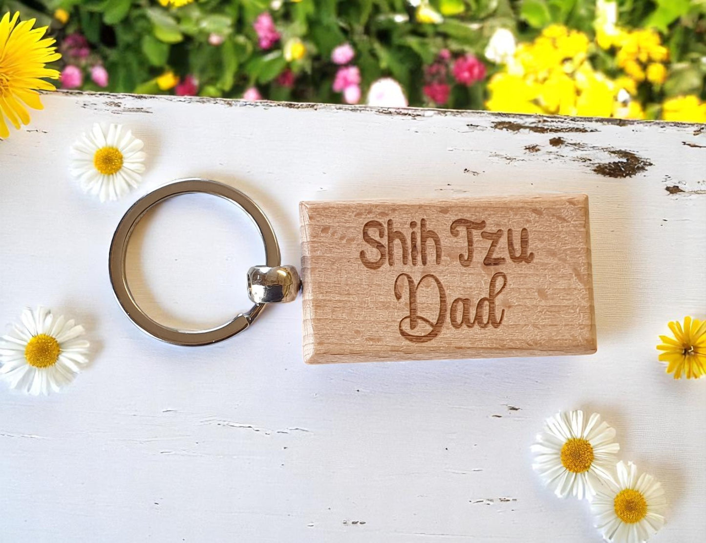 Shih Tzu Dad Keyring Gift - Nice Cute Engraved Wooden Key Fob Novelty Dog Owner Present