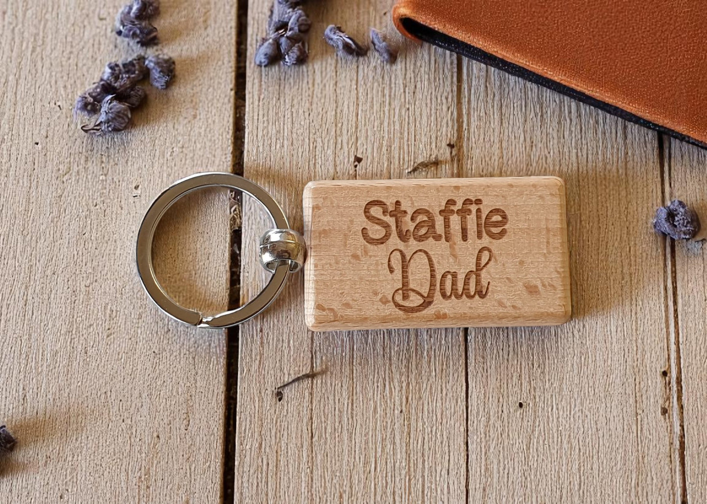 Staffi Dad Keyring Gift - Nice Cute Engraved Wooden Key Fob Novelty Dog Owner Present