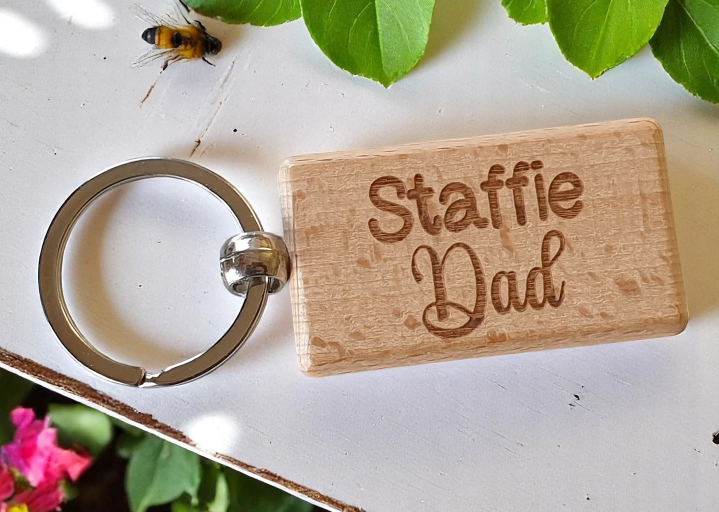 Staffi Dad Keyring Gift - Nice Cute Engraved Wooden Key Fob Novelty Dog Owner Present
