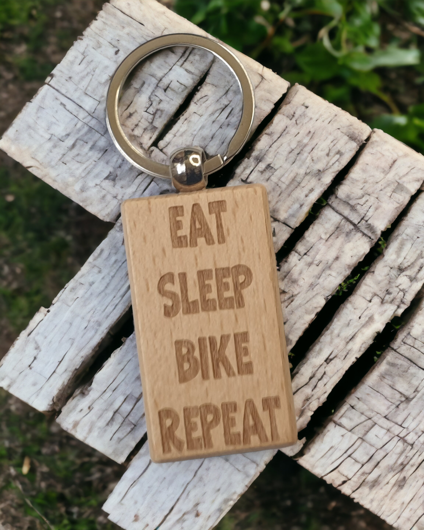 Biking Keyring Gift - Eat Sleep Bike Repeat - Nice Cute Engraved Wooden Key Fob Novelty Present
