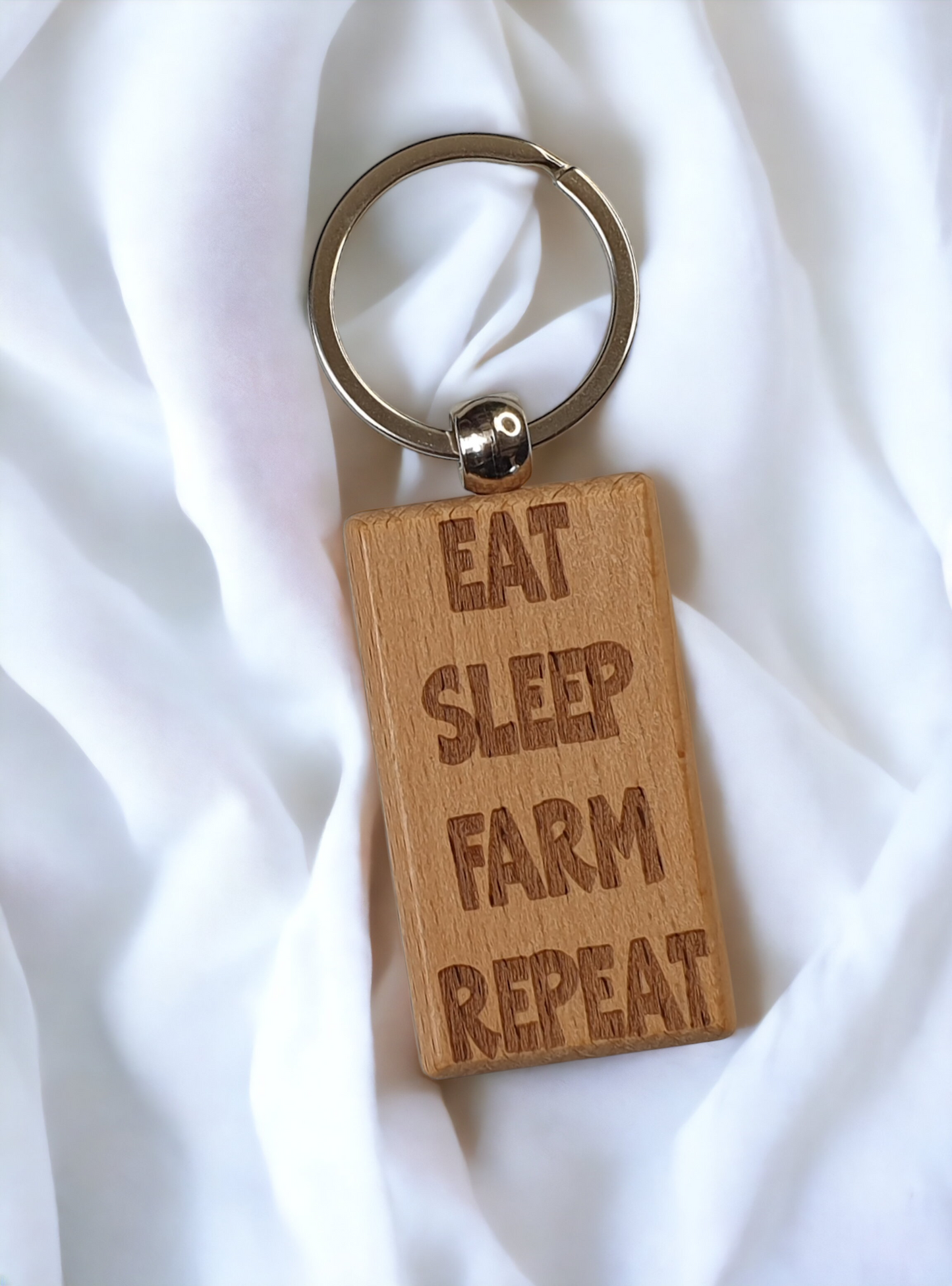 Farming Keyring Gift - Eat Sleep Farm Repeat - Nice Cute Engraved Wooden Key Fob Novelty Present