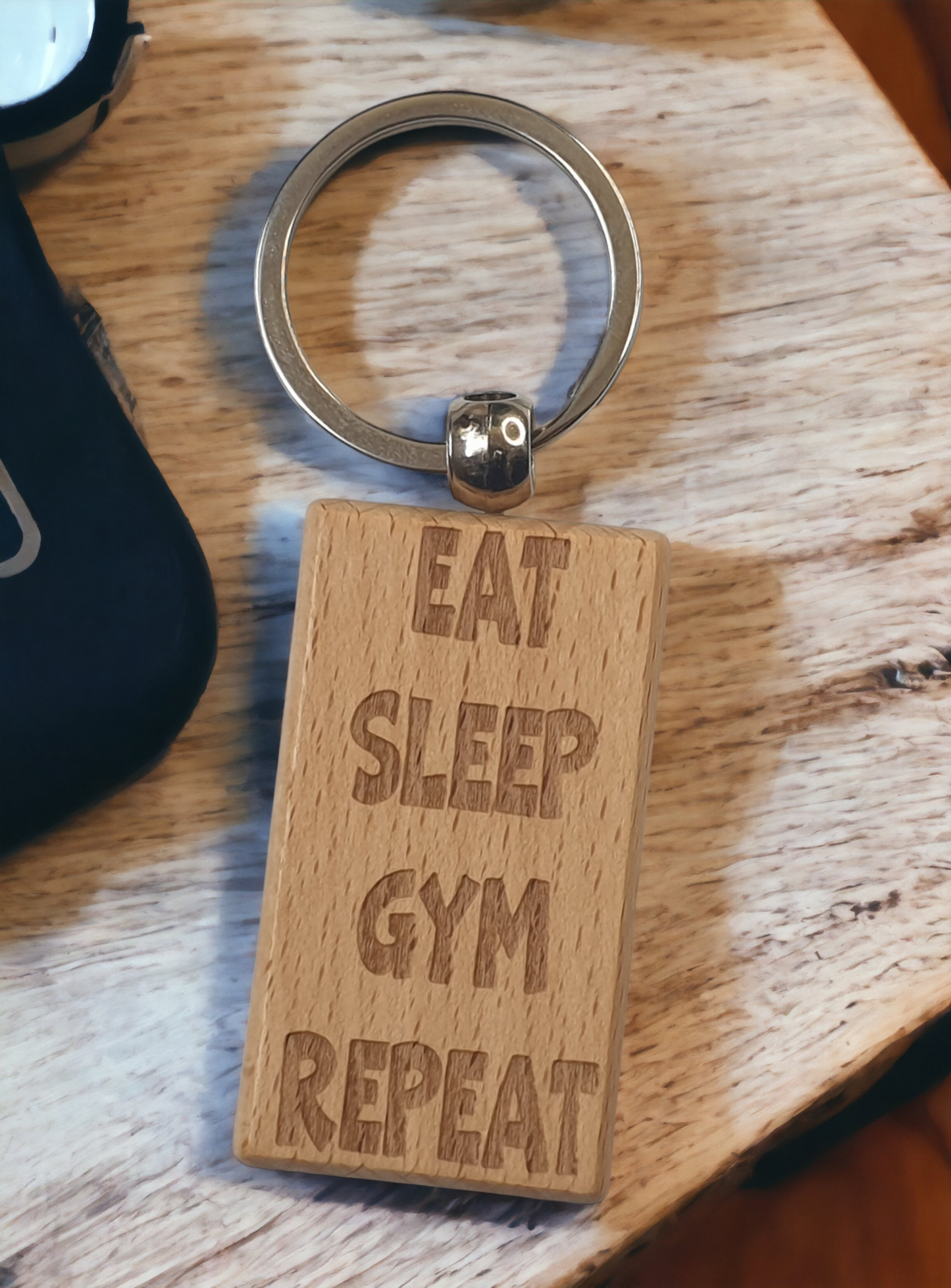 Gym Keyring Gift - Eat Sleep Gym Repeat - Nice Cute Engraved Wooden Key Fob Novelty Present