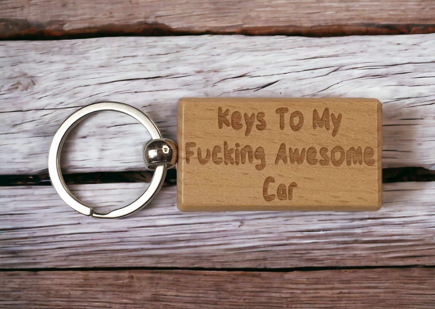 Car Keyring Gift - Keys To My Fucking Awesome Car - Nice Cute Engraved Wooden Key Fob Novelty Custom Present