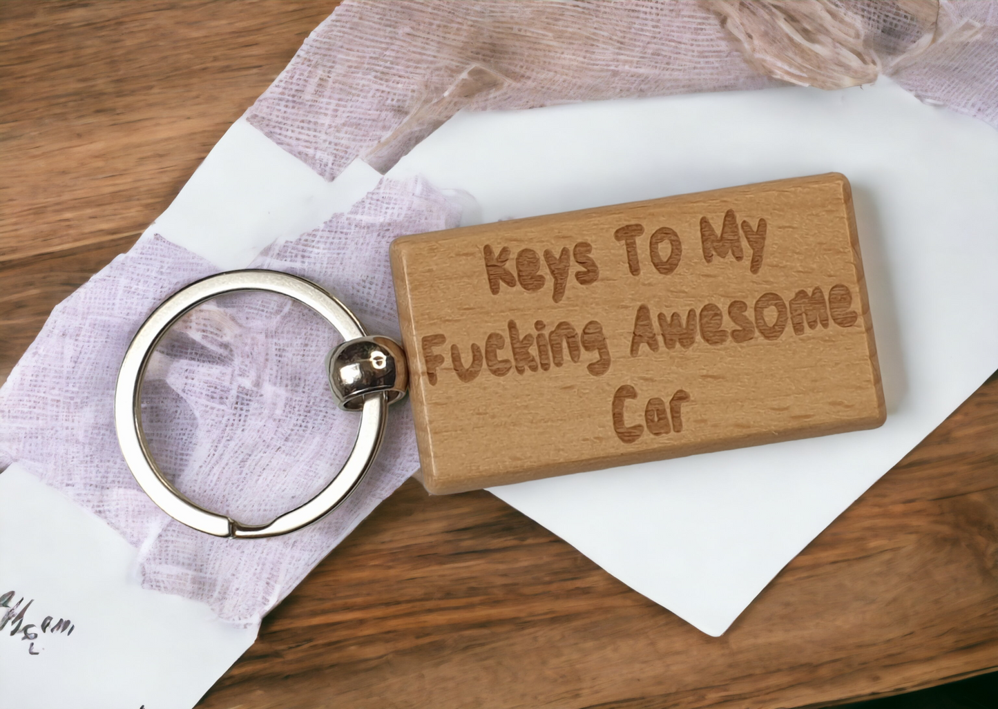 Car Keyring Gift - Keys To My Fucking Awesome Car - Nice Cute Engraved Wooden Key Fob Novelty Custom Present
