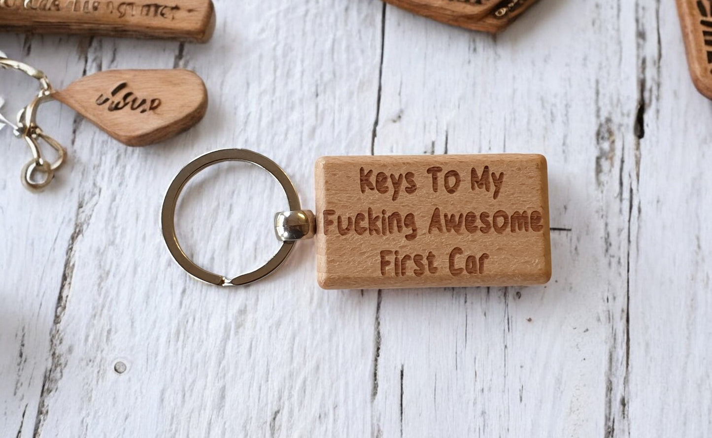 First Car Keyring Gift - Keys To My Fucking Awesome - Nice Cute Fun Engraved Wooden Key Fob Novelty Custom Present