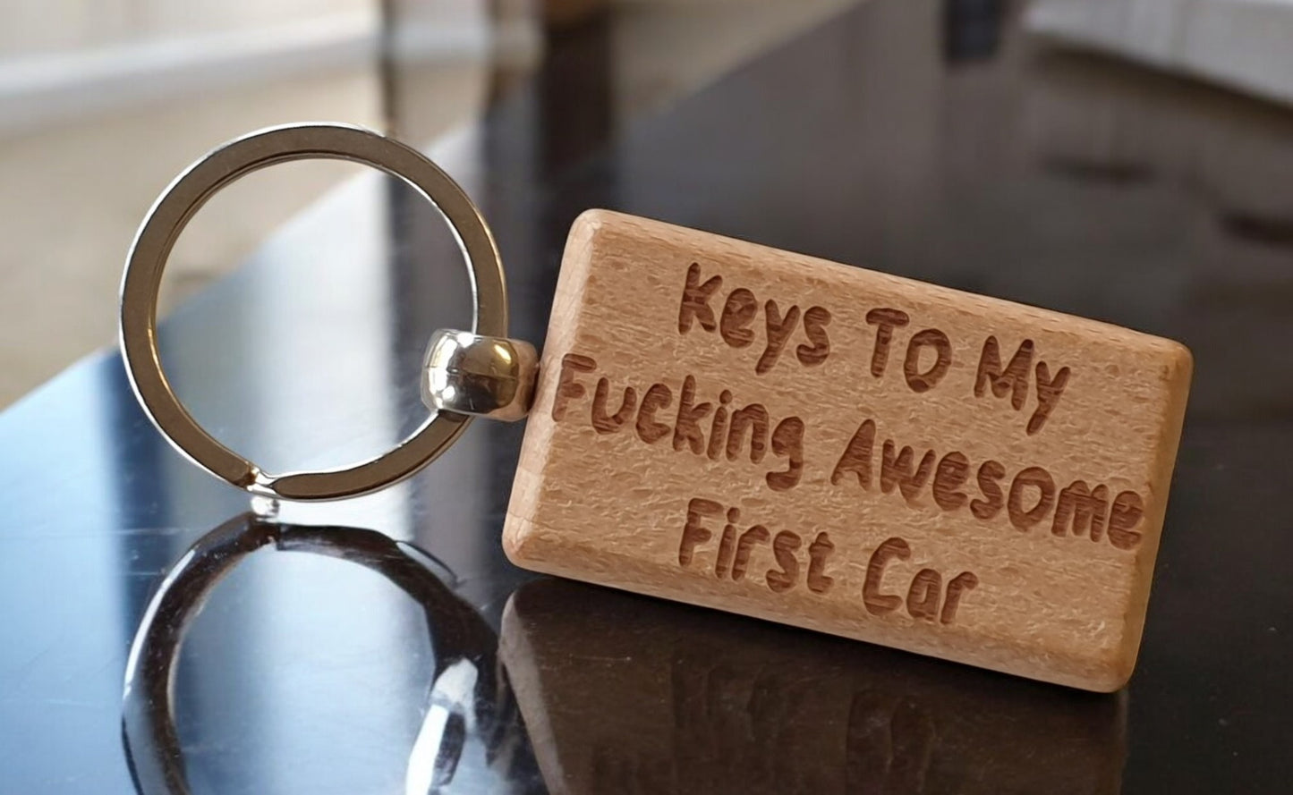 First Car Keyring Gift - Keys To My Fucking Awesome - Nice Cute Fun Engraved Wooden Key Fob Novelty Custom Present