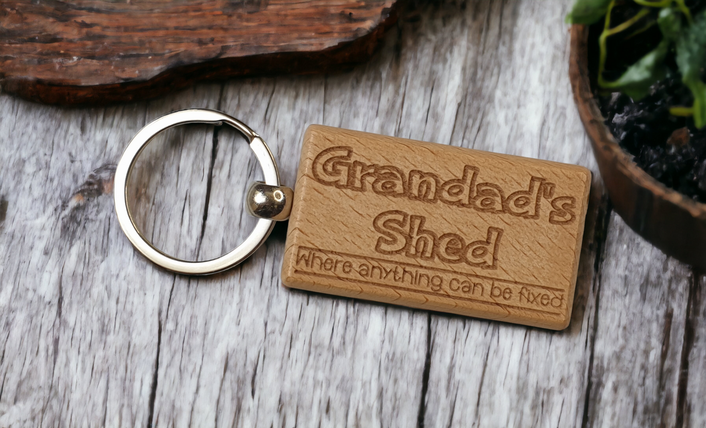 Grandad's Shed Keyring Gift - Where Anything Can Be Fixed - Cute Engraved Wooden Funny Novelty Nice Custom Present