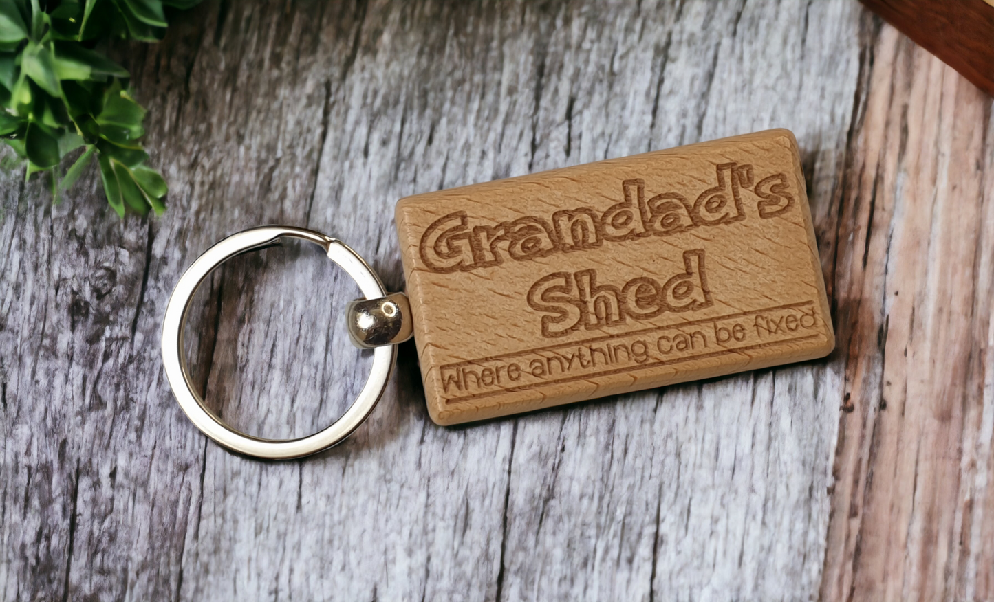 Grandad's Shed Keyring Gift - Where Anything Can Be Fixed - Cute Engraved Wooden Funny Novelty Nice Custom Present