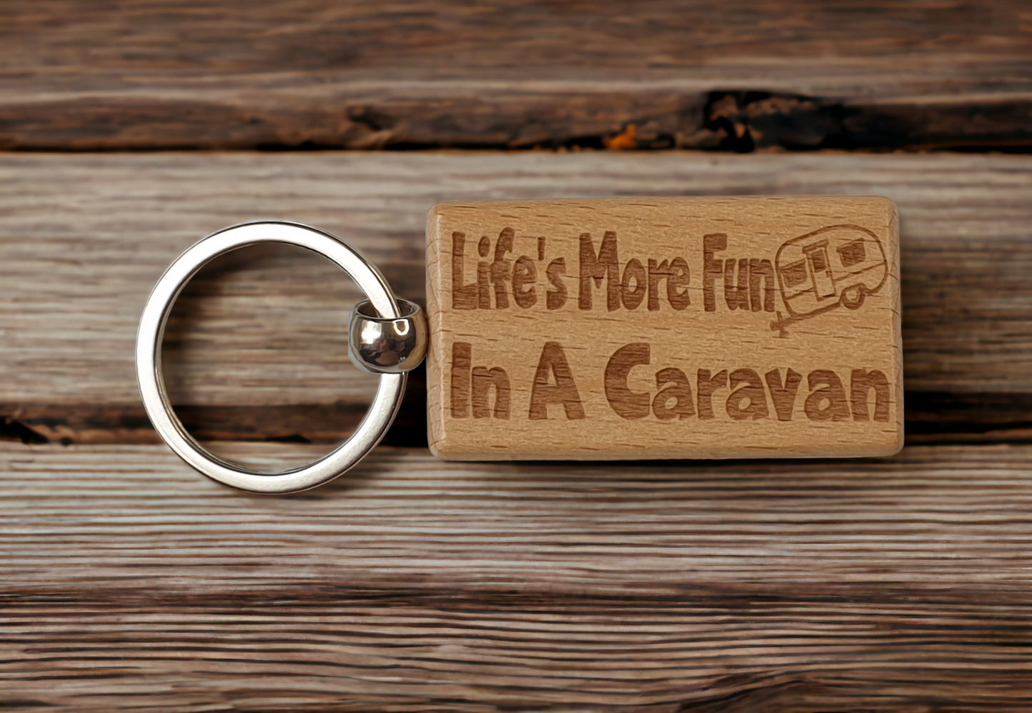 Caravan Keyring Gift Life's More Fun In A Cute Engraved Wooden Key Fob Fun Novelty Nice Custom Present