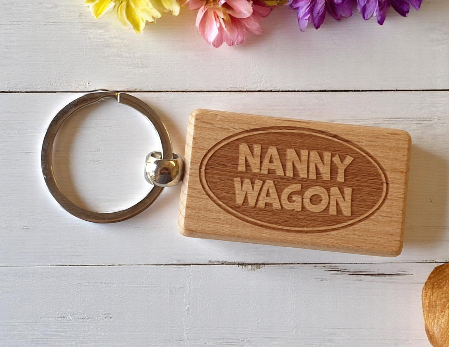 Fun Keyring Gift Nanny Wagon Cute Engraved Wooden Key Fob Chain Fun Nice Custom Present