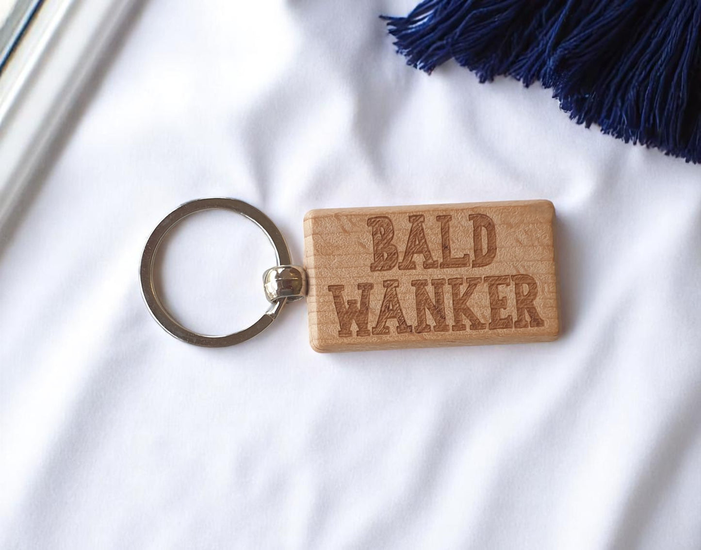 Baldy Keyring Gift - Bald Wanker - Cute Engraved Wooden Key Fob Fun Novelty Nice Custom Present