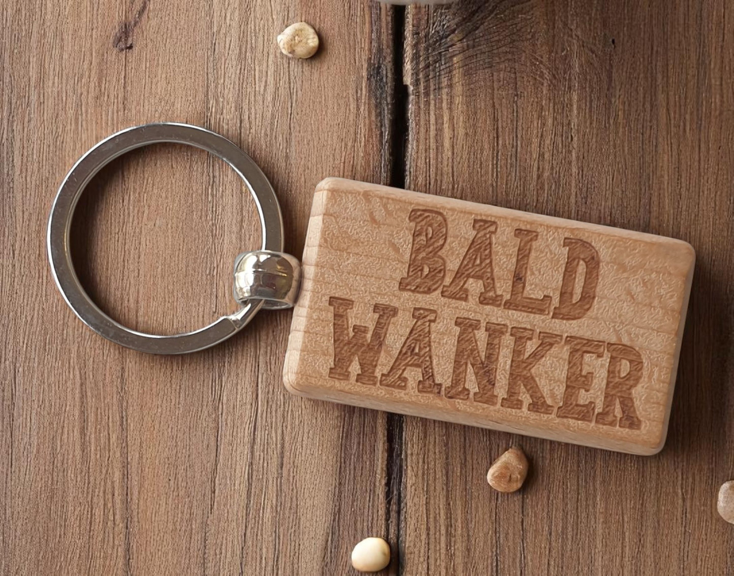 Baldy Keyring Gift - Bald Wanker - Cute Engraved Wooden Key Fob Fun Novelty Nice Custom Present