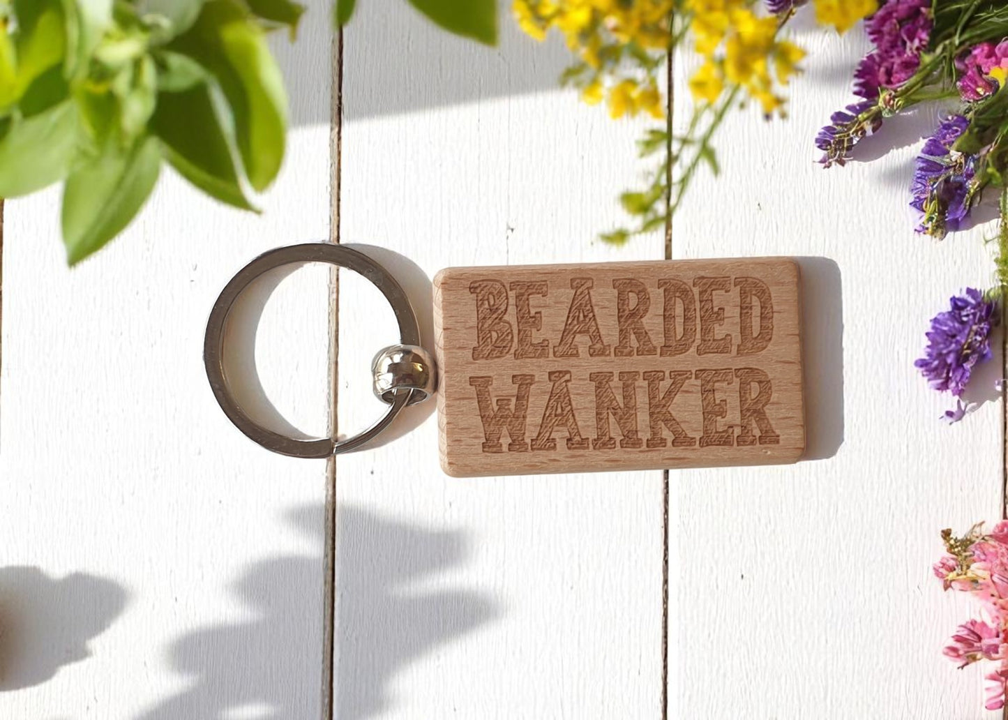 Beard Keyring Gift - Bearded Wanker - Cute Engraved Wooden Key Fob Fun Novelty Nice Custom Present