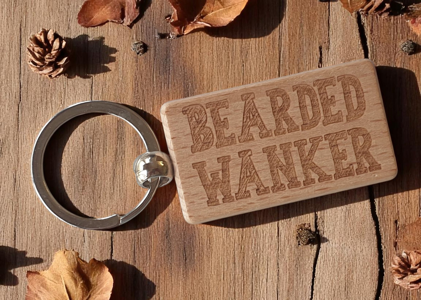 Beard Keyring Gift - Bearded Wanker - Cute Engraved Wooden Key Fob Fun Novelty Nice Custom Present