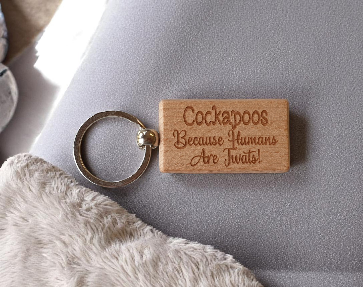 cockapoo Keyring Gift - Because Humans Are Twats - Nice Cute Engraved Wooden Key Fob Novelty Dog Owner Present