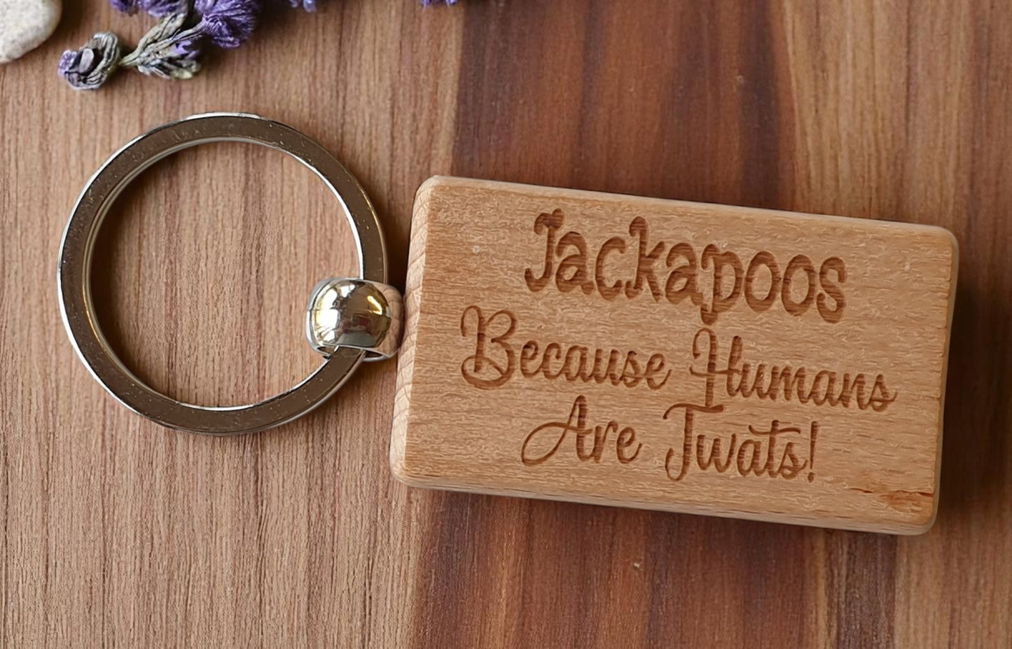 Jackapoo Keyring Gift - Because Humans Are Twats - Nice Cute Engraved Wooden Key Fob Novelty Dog Owner Present
