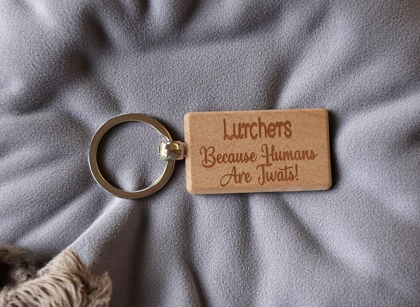 Lurcher Keyring Gift - Because Humans Are Twats - Nice Cute Engraved Wooden Key Fob Novelty Dog Owner Present