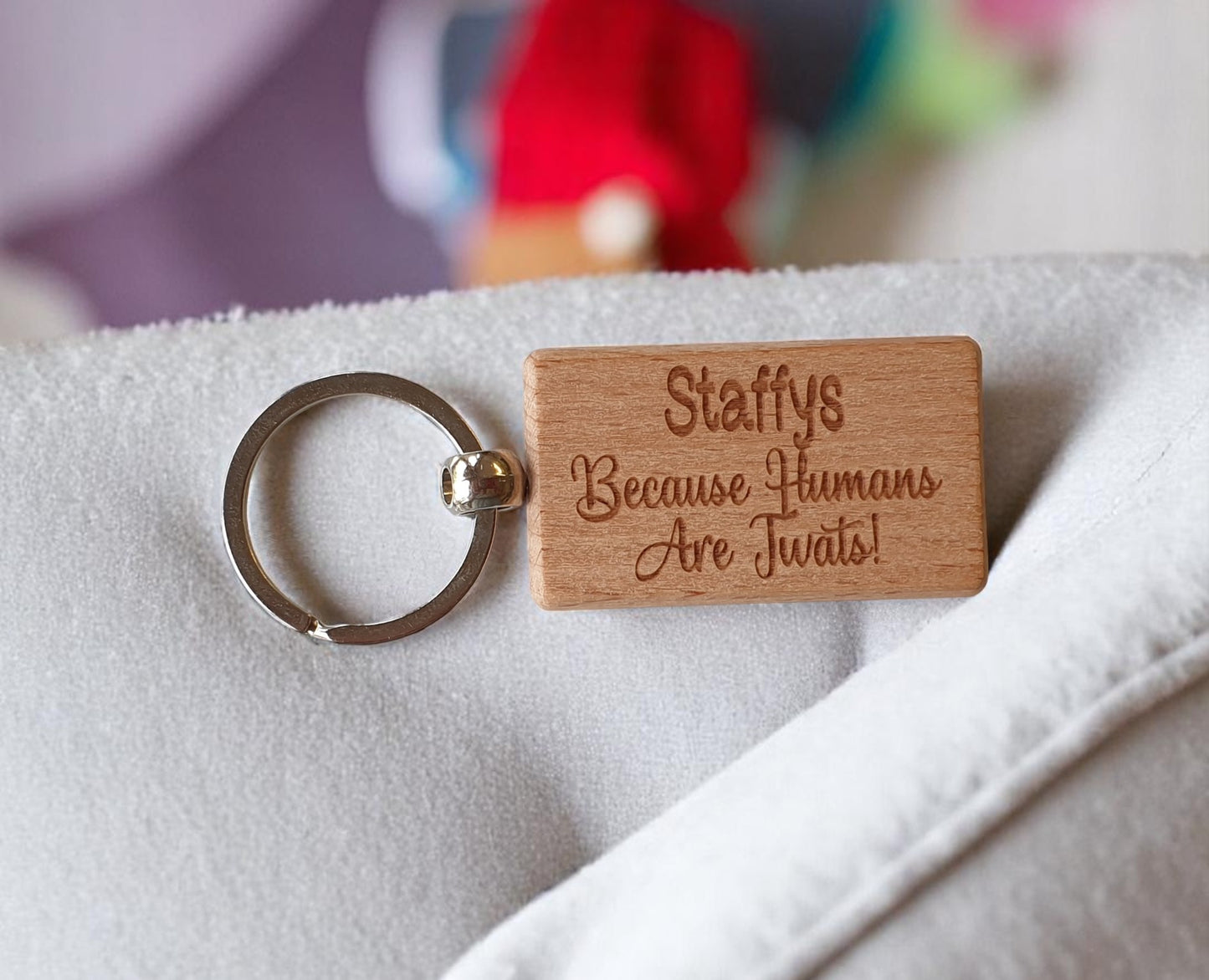 Staffy Keyring Gift - Because Humans Are Twats - Nice Cute Engraved Wooden Key Fob Novelty Dog Owner Present