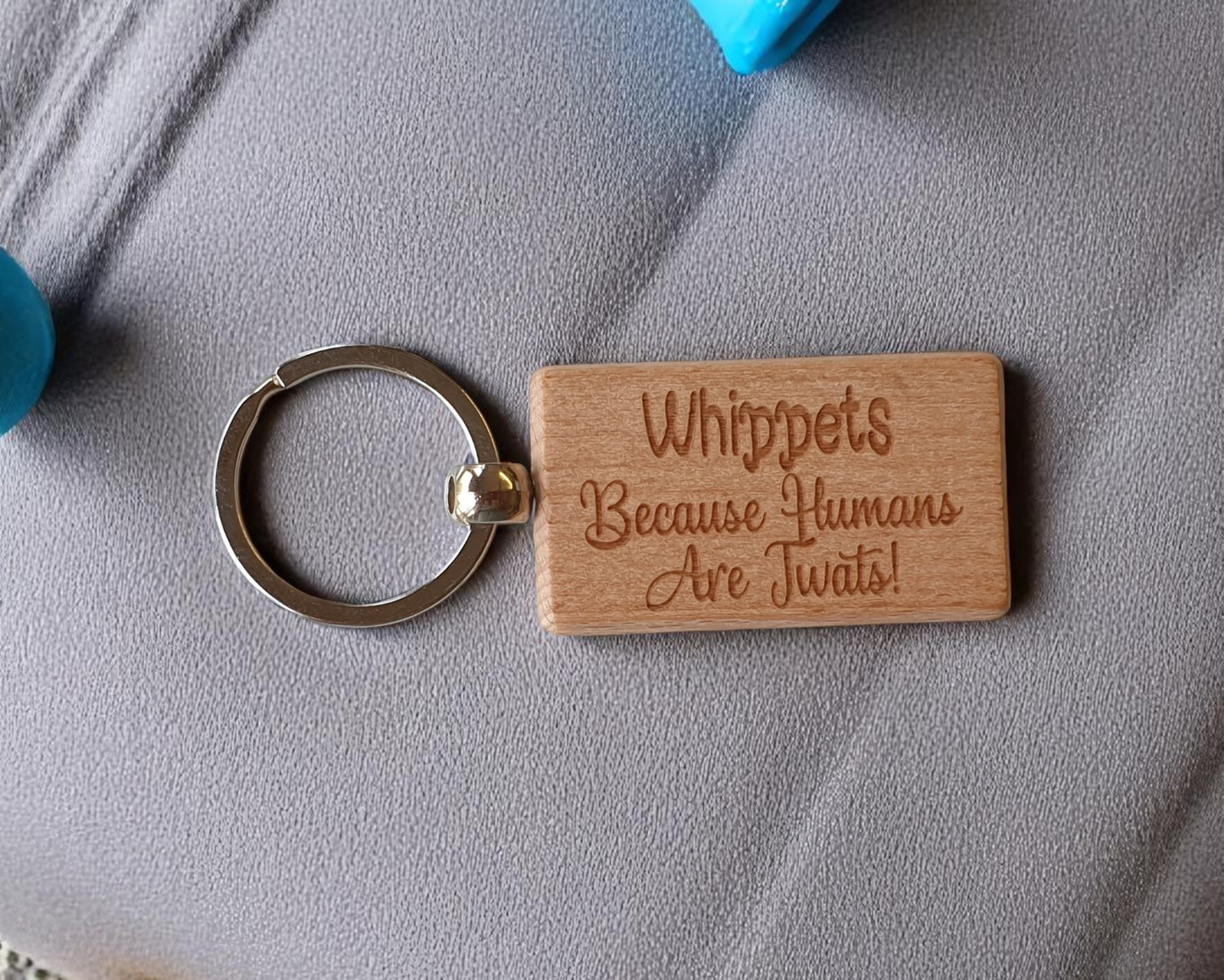 Whippet Keyring Gift - Because Humans Are Twats - Nice Cute Engraved Wooden Key Fob Novelty Dog Owner Present