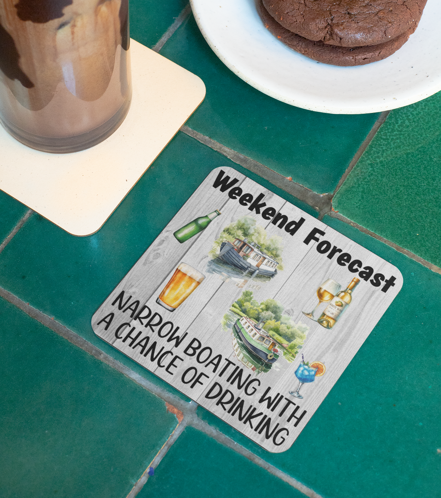 Holiday Coaster Gift - Weekend Forecast Narrowboating with a Chance of Drinking - Fun Cute CORK Novelty Camping Present