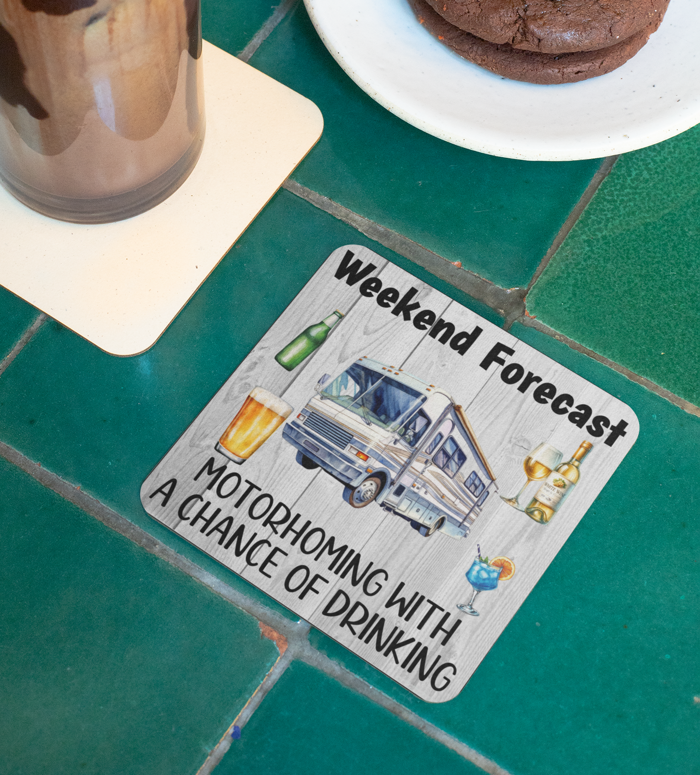 Holiday Coaster Gift - Weekend Forecast Motorhoming With a Chance of Drinking - Fun Cute CORK Novelty Camping Present