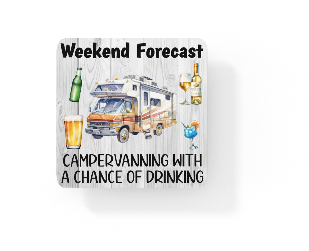 Holiday Coaster Gift - Weekend Forecast Campervanning with a Chance of Drinking - Funny Cute CORK Novelty Camping Present