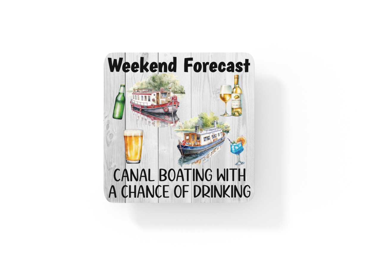Holiday Coaster Gift - Weekend Forecast Canal Boating with a Chance of Drinking - Fun Cute CORK Novelty Camping Present