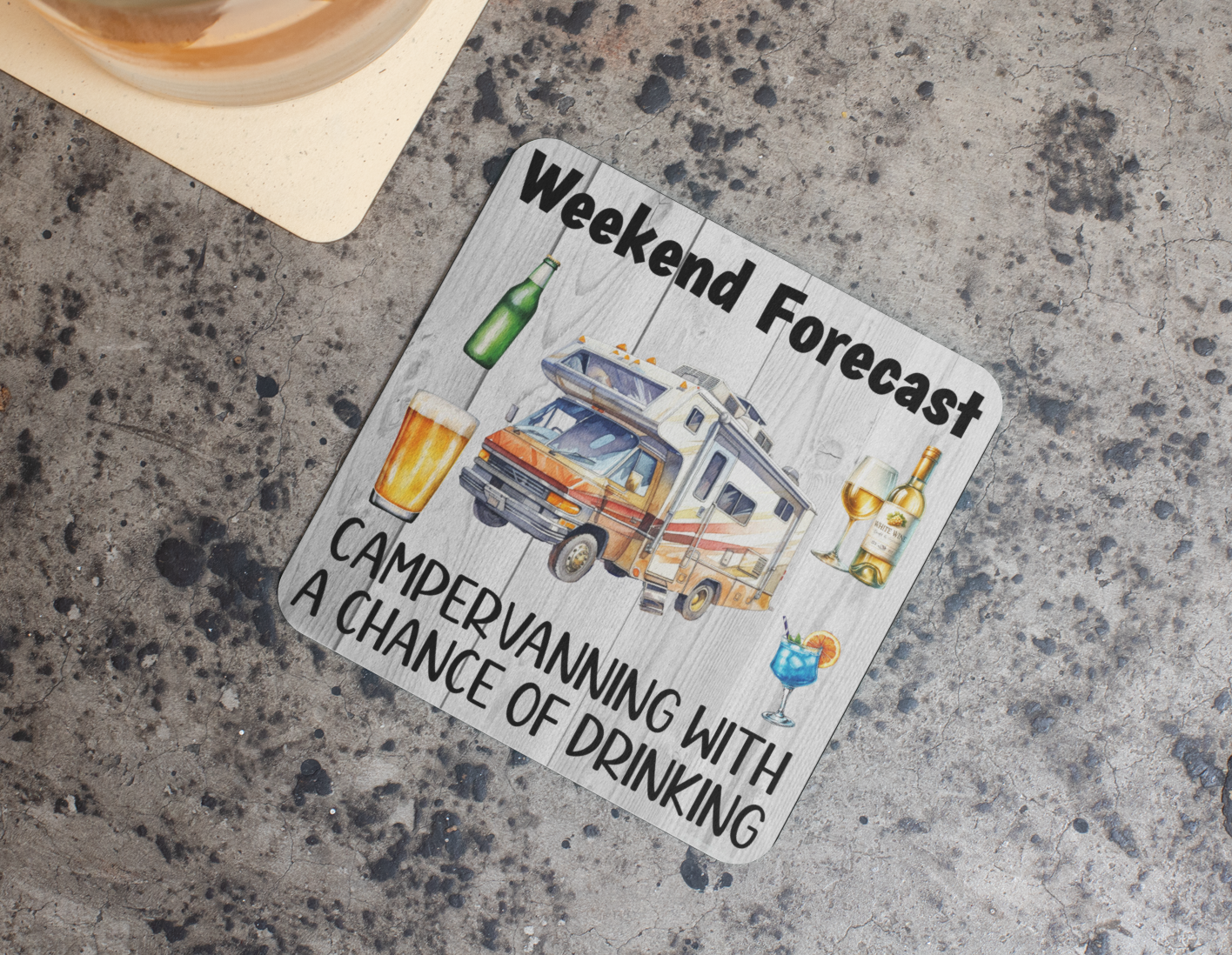 Holiday Coaster Gift - Weekend Forecast Campervanning with a Chance of Drinking - Funny Cute CORK Novelty Camping Present