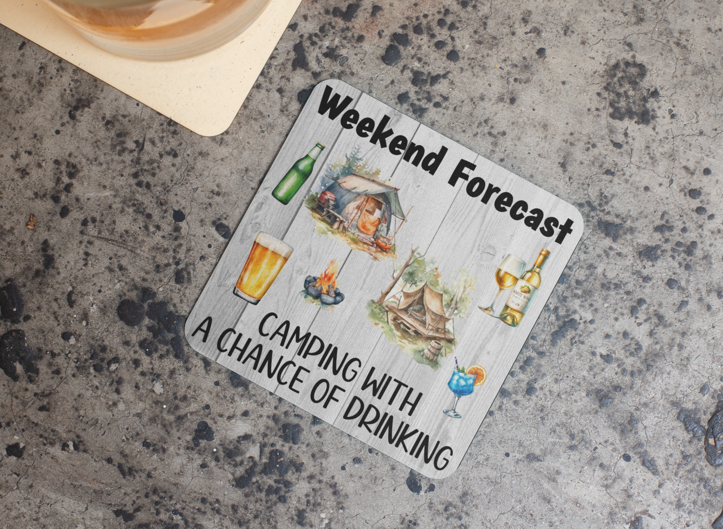 Holiday Coaster Gift - Weekend Forecast Camping with a Chance of Drinking - Fun Cute CORK Novelty Tent Present