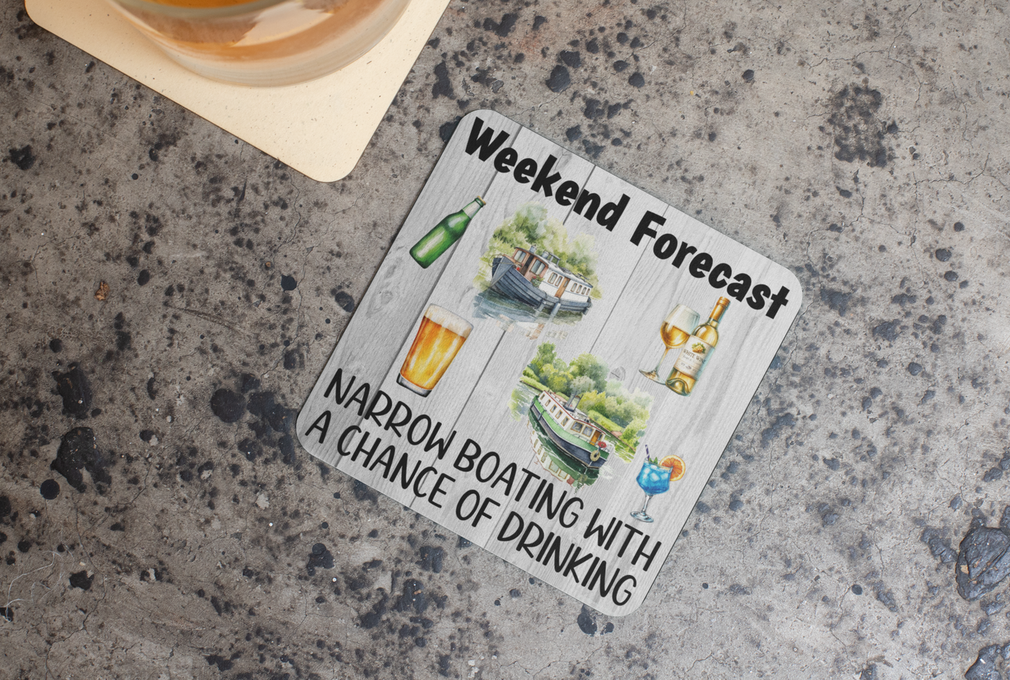 Holiday Coaster Gift - Weekend Forecast Narrowboating with a Chance of Drinking - Fun Cute CORK Novelty Camping Present