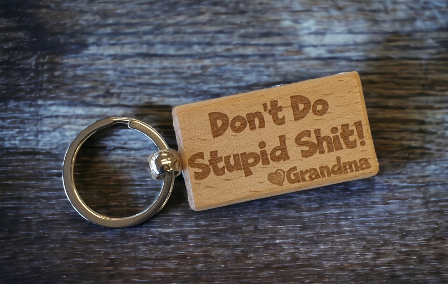 Grandson Granddaughter Keyring Gift - Don't Do Stupid Shit Love Heart Grandma - Cute Engraved Wooden Key Fob Fun Novelty Nice Custom Present